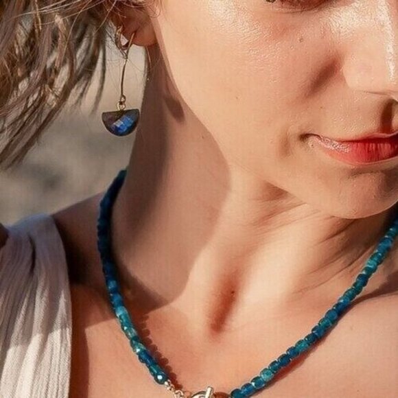 Stunning Gemstone Dangle Earrings Labradorite Earring WATERPROOF Gold Threader - Picture 2 of 14